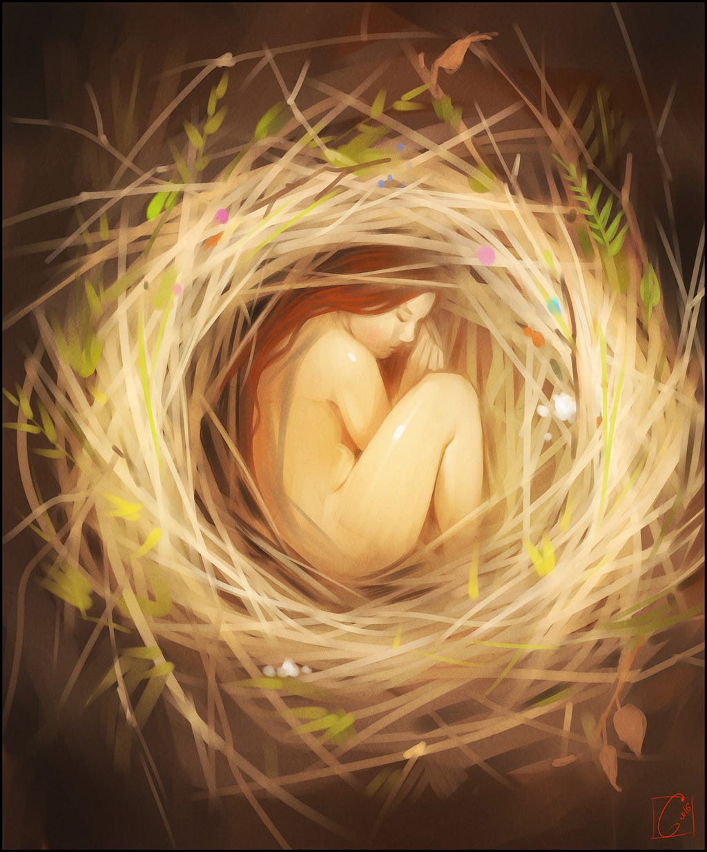 a red-haired woman lying in a shell-shaped bird’s nest representing her birth