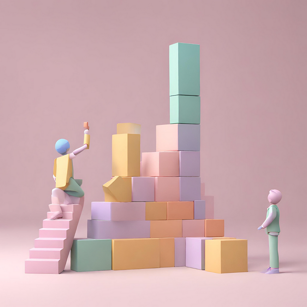 3d minimalistic pastel people building a tower from simple blocks
