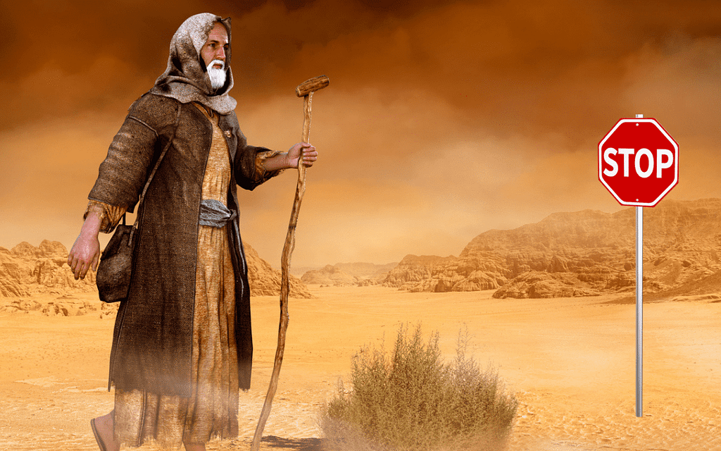 Illustration of Moses walking through a desert, toward a stop sign in the distance