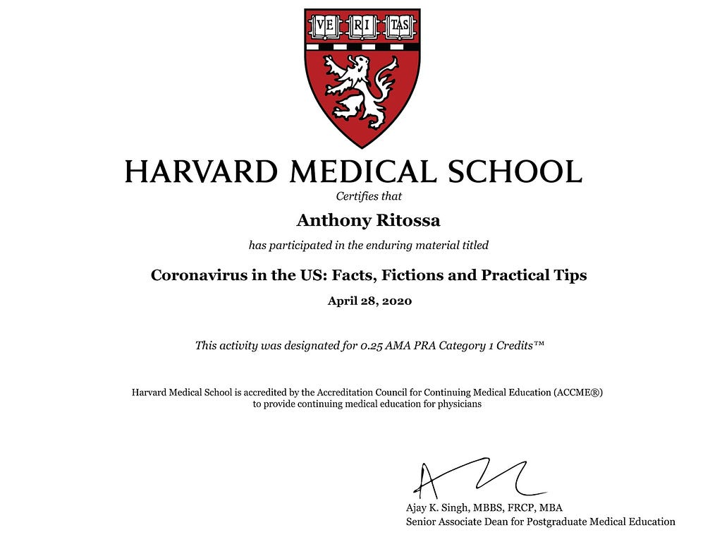 Ritossa Harvard medical diploma