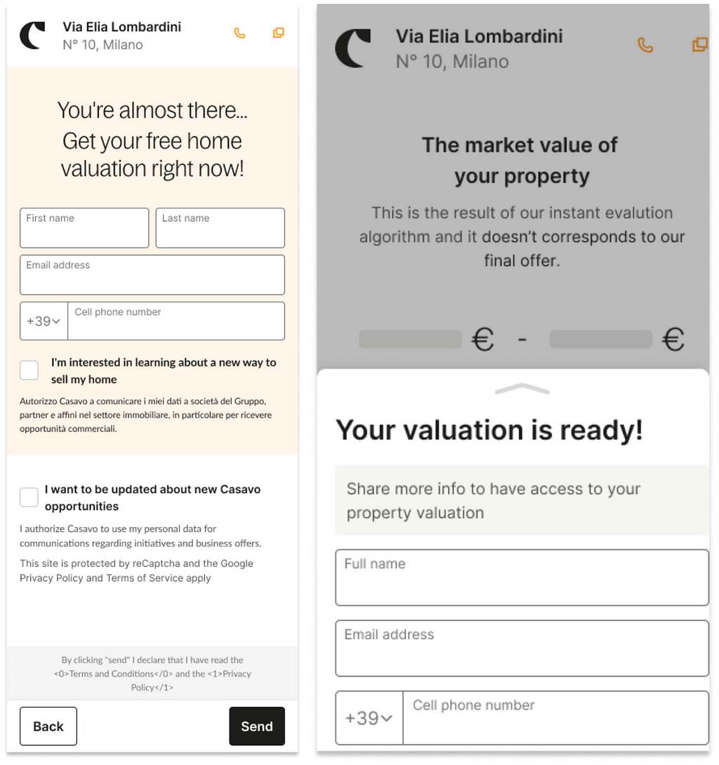 Before, the valuation form was a full page and was in general very wordy. After, the drawer lets users see there’s already something waiting for them just behind the drawer.