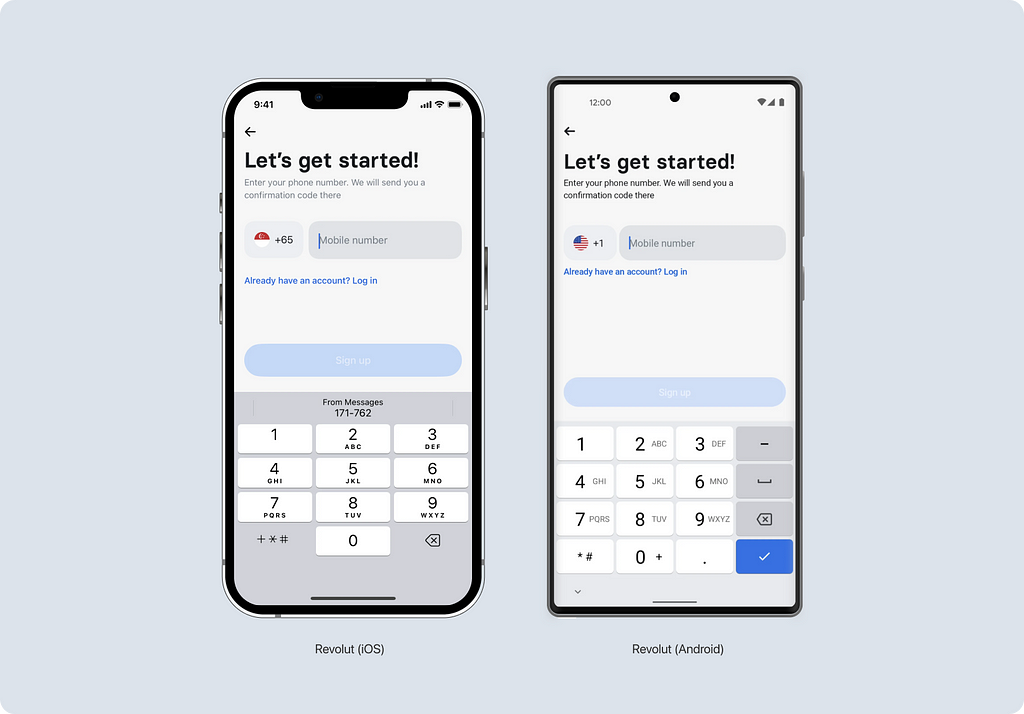 Keyboards for phone numbers input in the Revolut app