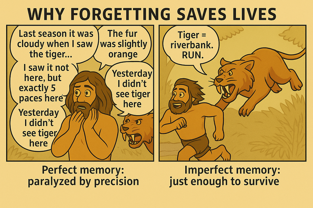 A comic that compares an ancient man confronted with a sabertooth tiger: one paralyzed by perfect memory, the other escaping due to imperfect memory.