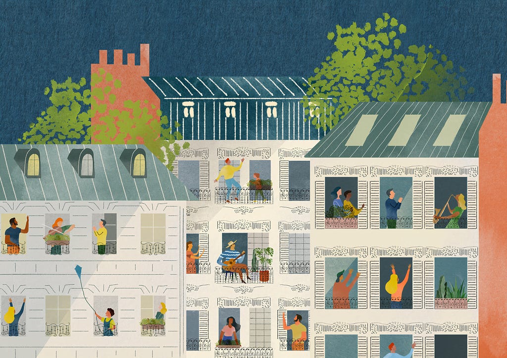 Drawing of people separated by windows and buildings.