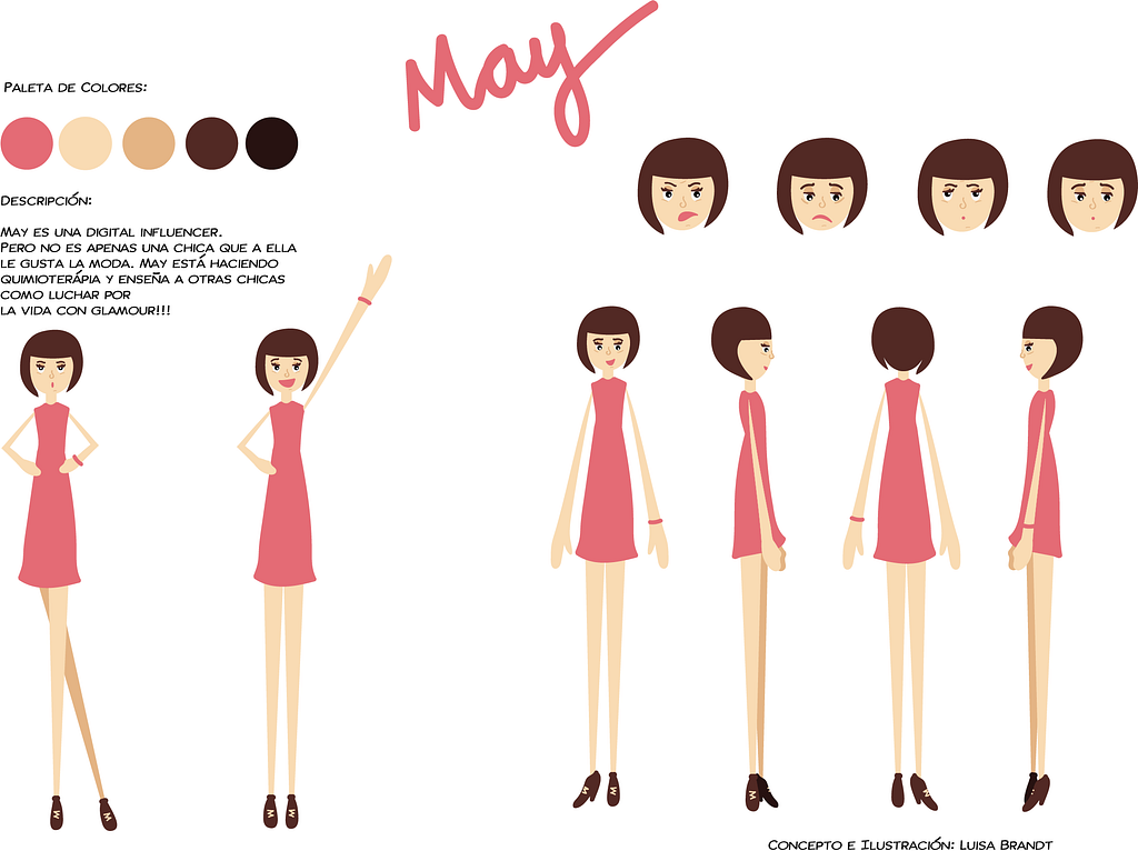 Personagem May ilustrada por Luisa Brandt: Turn Around da Personagem, Paleta de Cores, 4 expressões faciais e descrição.