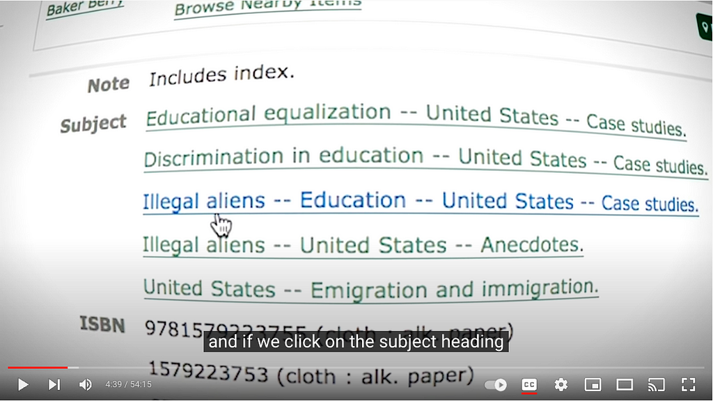 Screenshot of a computer screen displaying rows of subject heading links with a pointing hand rolling over the words “Illegal aliens.”