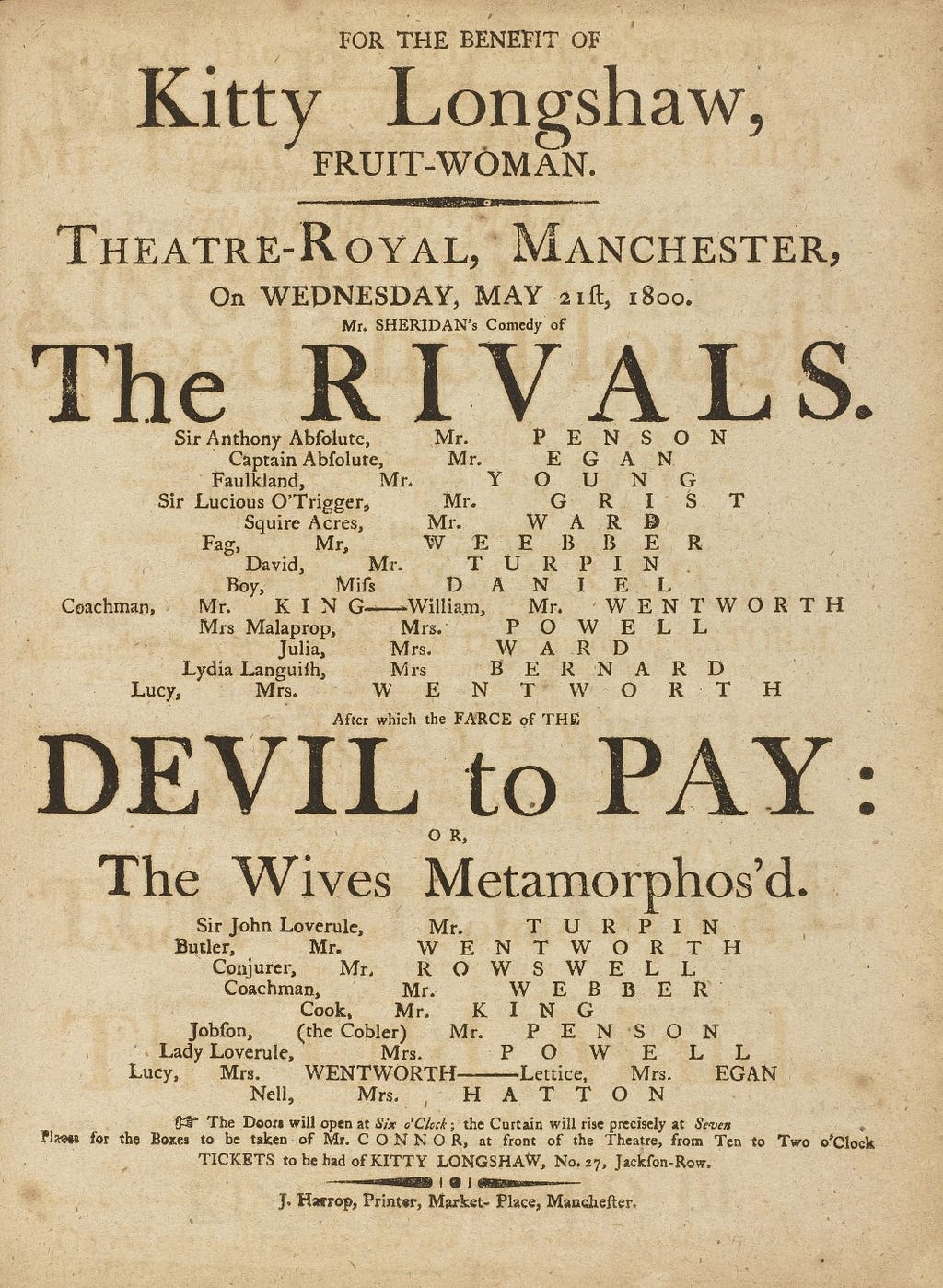 1800 Manchester Theatre Royal playbill for ‘The Rivals’ and ‘Devil to Pay’. Benefit evening for Kitty Longshaw, fruit-woman.