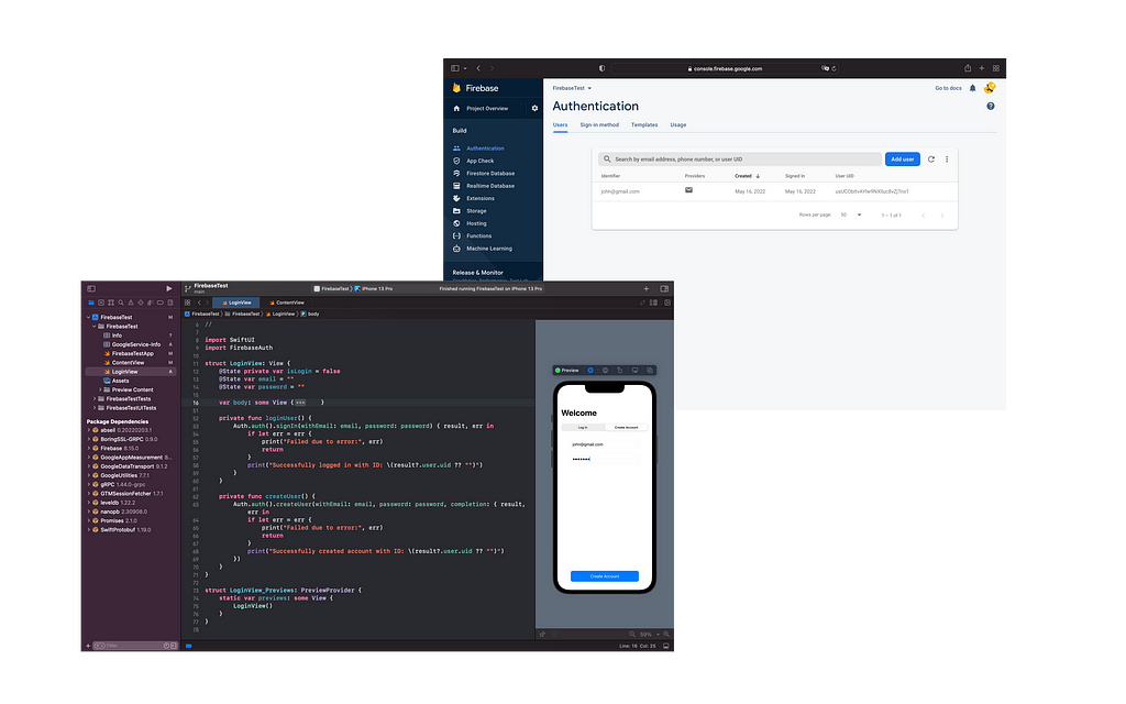 Screenshot of Xcode running and Firebase Auth console showing a sign up