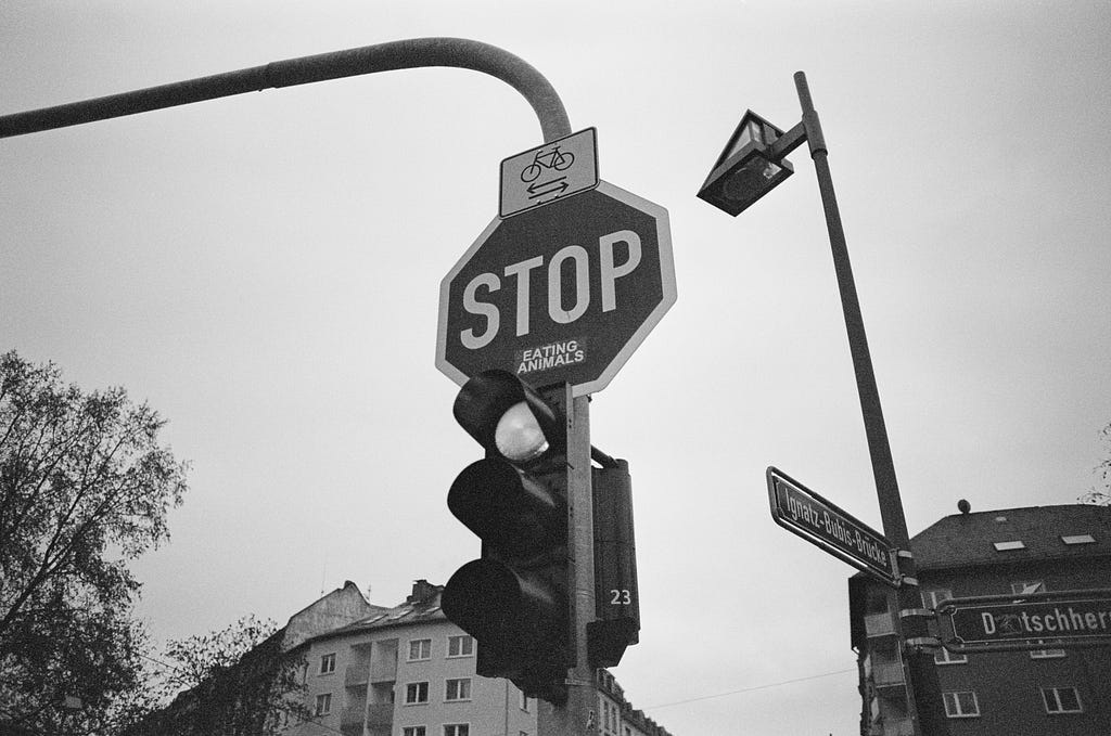 A “STOP” sign in an intersection