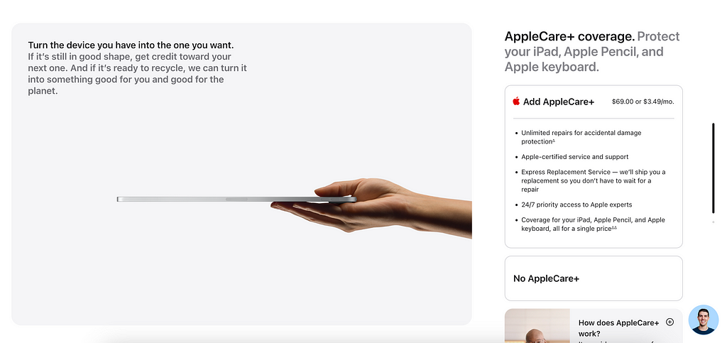 Screenshot of apple website offering AppleCare+ insurance