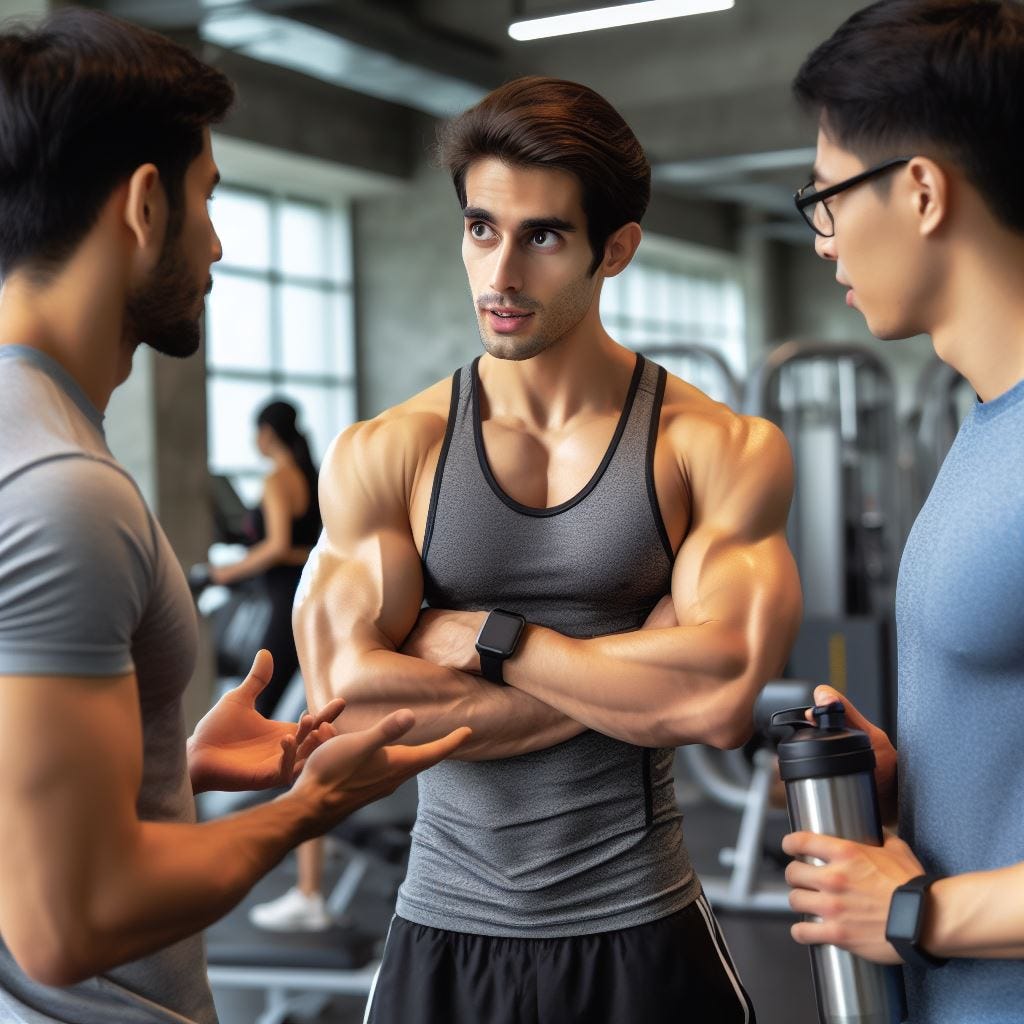 Three men in a gym talking to each other about their weekend. One has a grey vest with a black outline. You can see his muscles one has glasses on and a blue t-shirt he is holding a water bottle. The last man has a grey T-shirt on and is using hands to make a point while he is taling to the other men