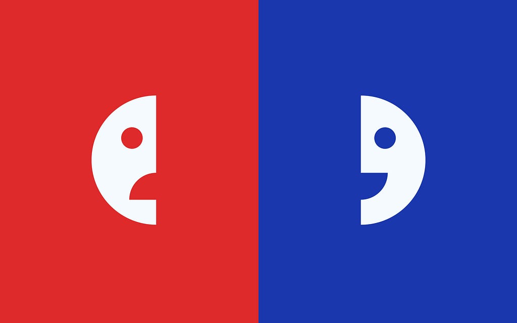 Two halves of a face, one smiling, one frowning, on a split screen of red and blue.