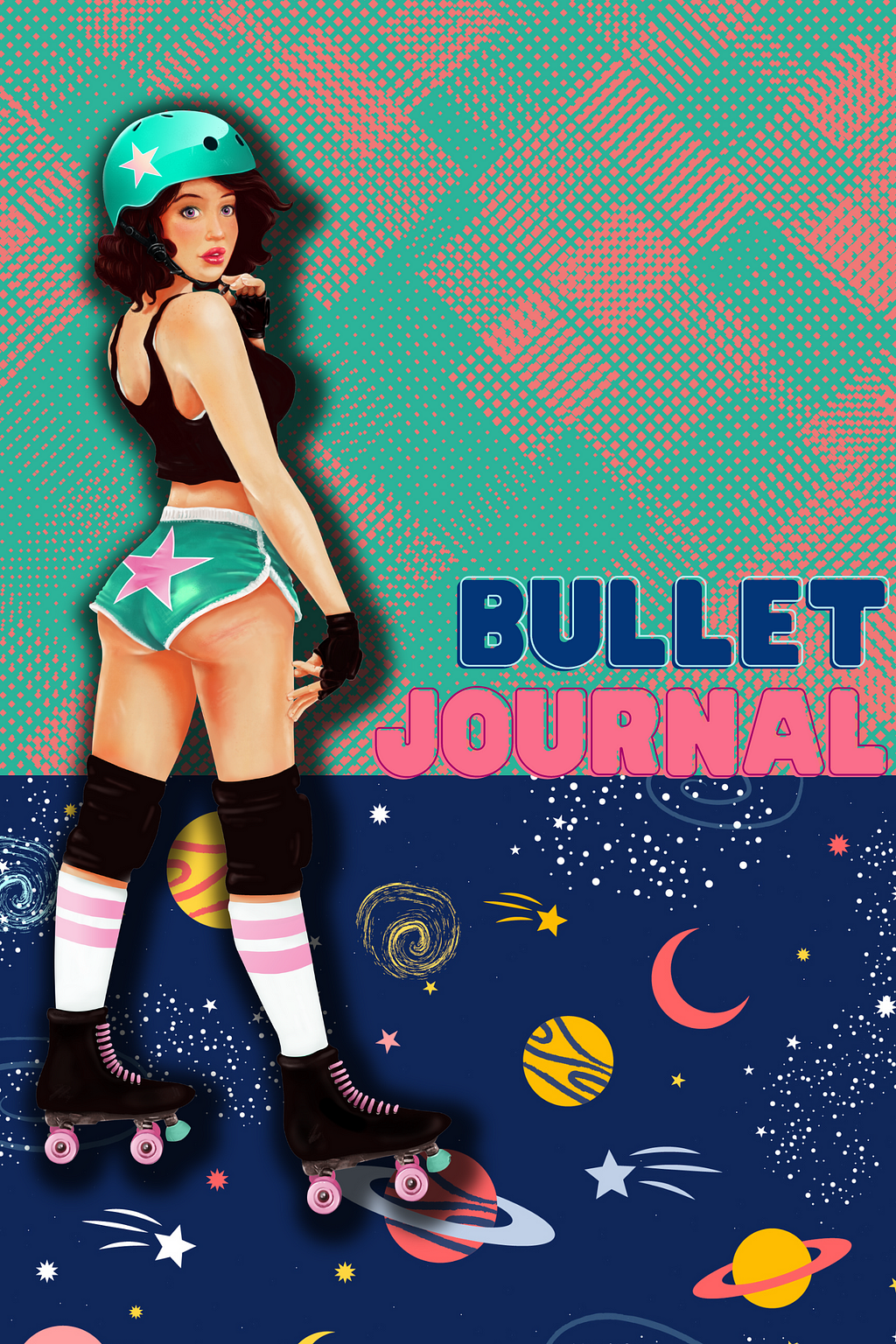 A sample cove by Ruby Massad Media of a bullet journal that has a Roller Derby girl on it.