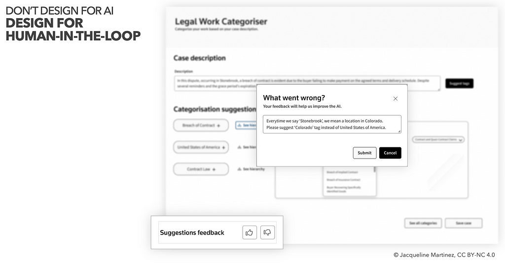 Wireframes of a user interface that allows the user to provide feedback on a classification system. For classified items, the user can provide detail on what went wrong and whether the suggested class was correct or not.