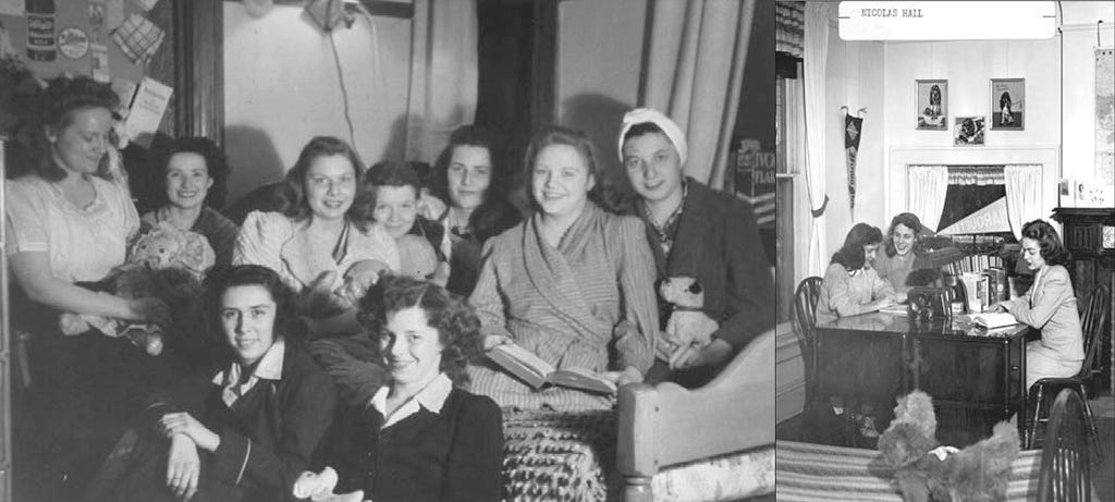 A group of women in the Alumnae House reception room and Nicolas Hall, circa 1940
