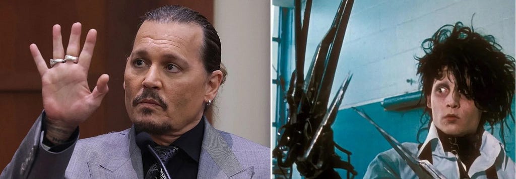 On left: Depp, presenting hand to the court. On right, Scissorhands, looking at his scissorhand.
