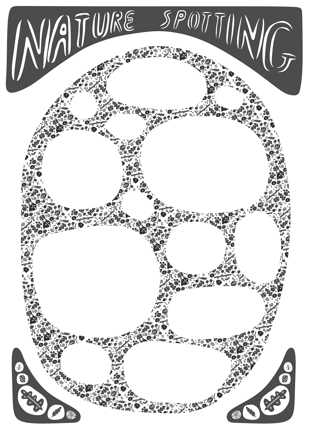 A black and white image which says ‘Nature Spotting’ at the top, and has an oval shape with circular and oval white spaces in it, the shape is made up of time images of nature which blur together.