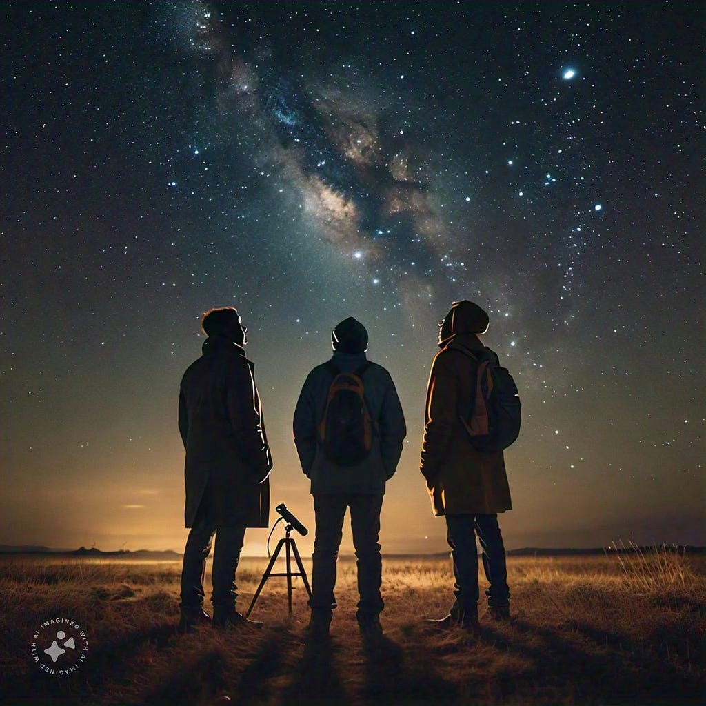 An AI generated image about 3 men looking up at the night sky in wonder.