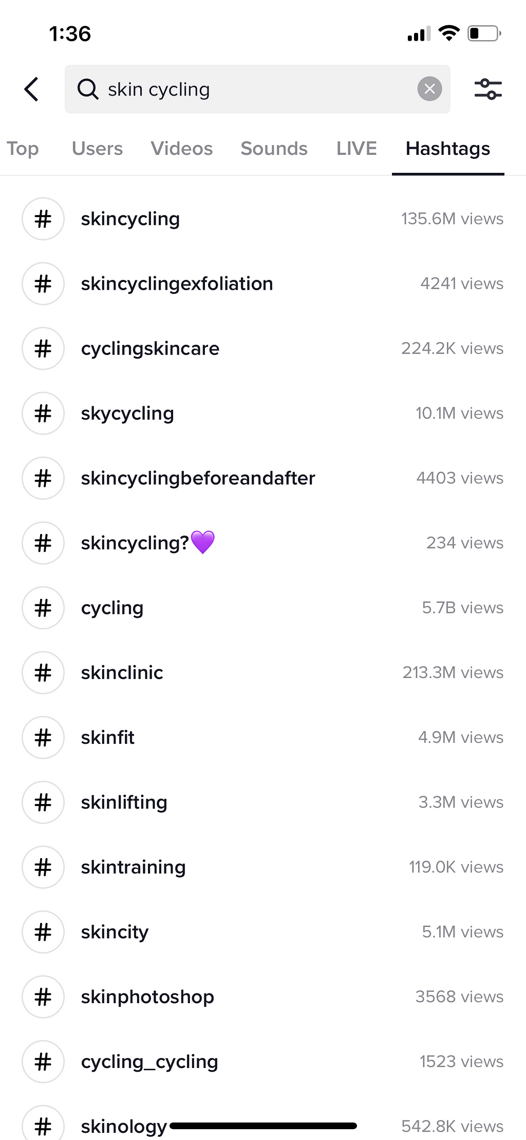 A screen shot of Tiktok trends table showing skincycling has over thirteen million views.