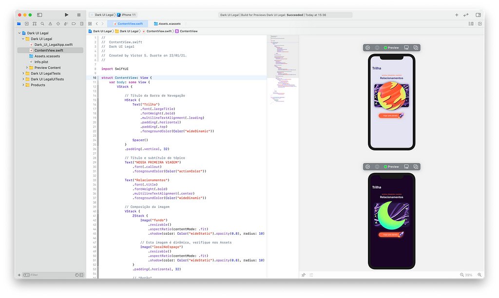 À esquerda, o código Swift do projeto Xcode do Kosmos e à direita, o visualizador do Xcode com seus modos claro e escuro.