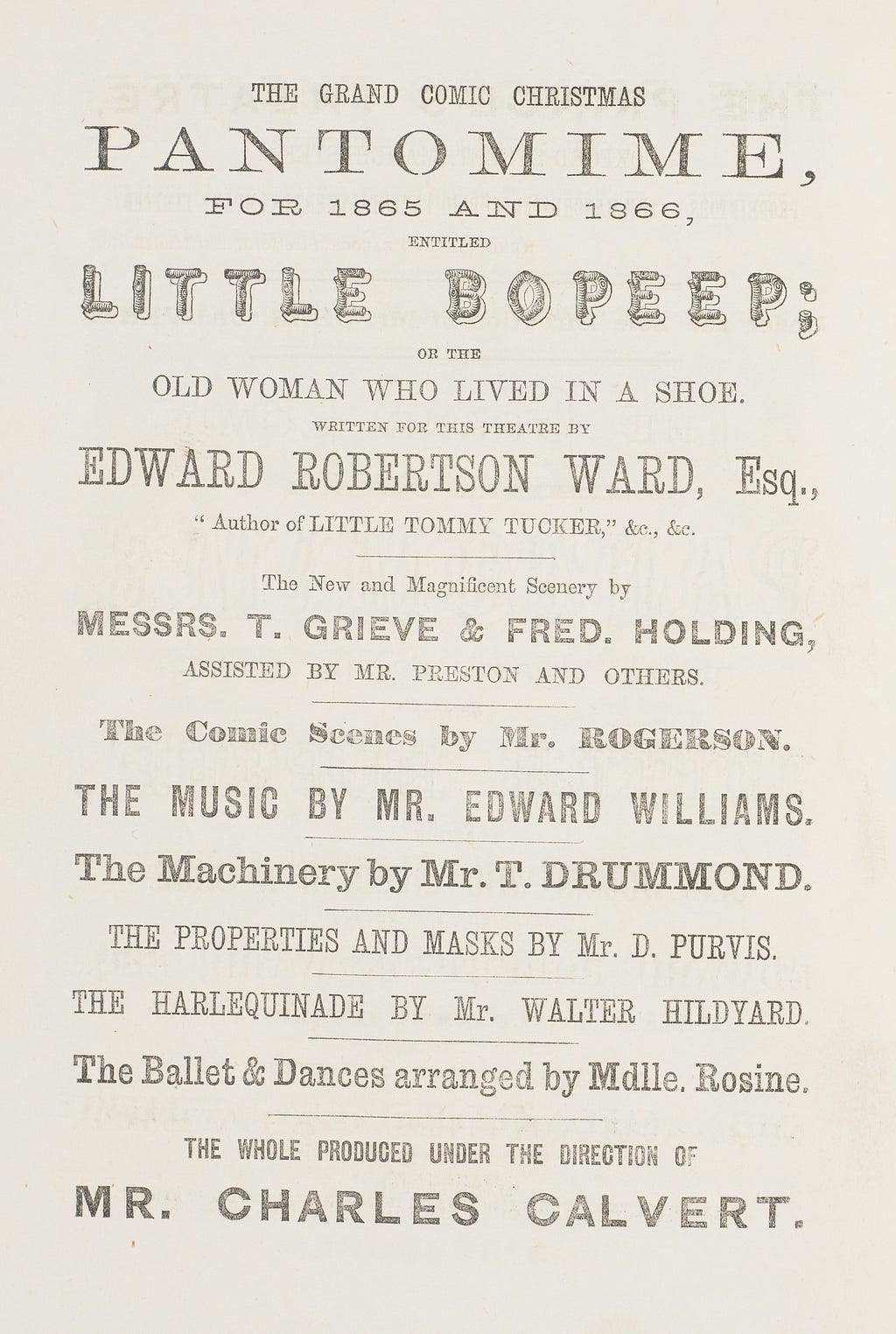 List, in a variety of fonts, giving the names of backstage personnel for a production of the pantomime ‘Little BoPeep’.