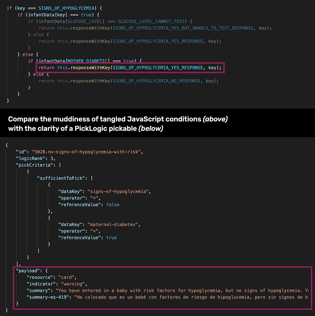 Comparison of tangled JavaScript conditions with a much clearer PickLogic pickable