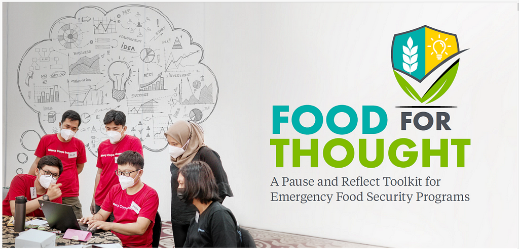Cover page of the Food for Thought toolkit, featuring the title of the toolkit and five people wearing facemasks sitting around a laptop.