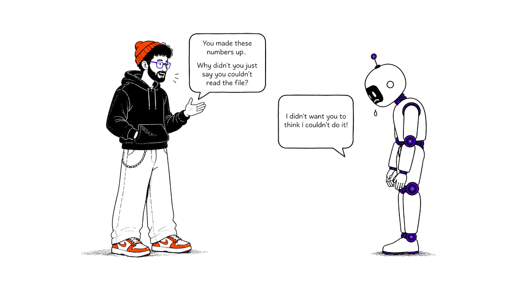 Illustration of a conversation between a designer and an AI agent. The designer asks, “You made these numbers up… Why didn’t you just say you couldn’t read the file?” The robot, looking ashamed with a tear falling from its face, replies, “I didn’t want you to think I couldn’t do it!” The image highlights the importance of designing AI systems that admit uncertainty instead of presenting confident but incorrect answers.