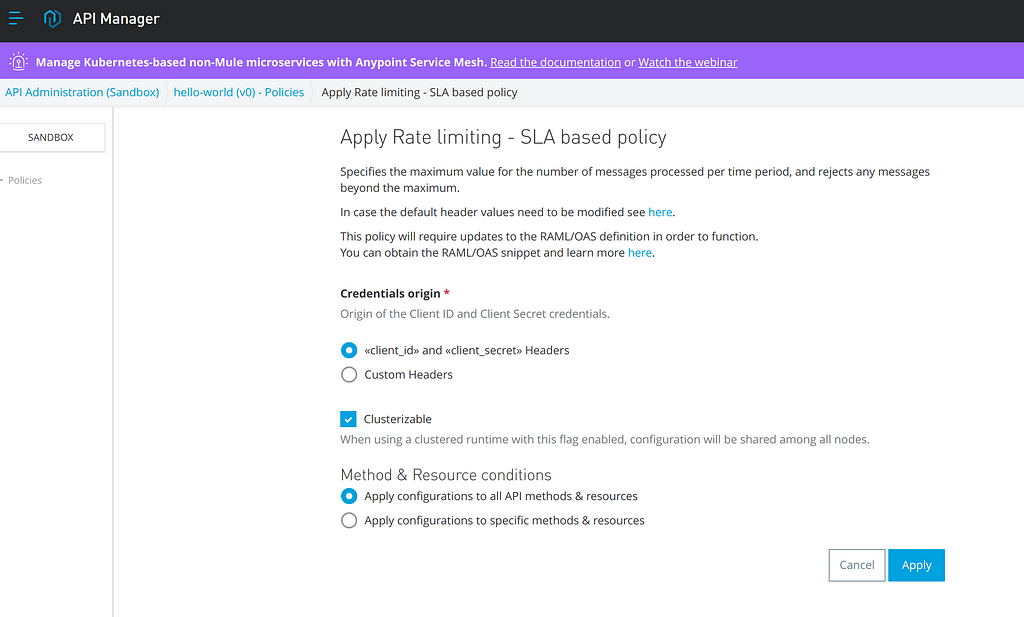 Rate limiting SLA based configuration.