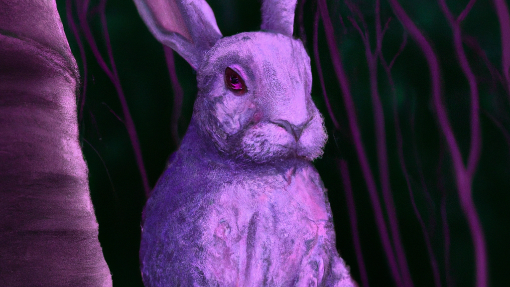 An illustration of a purple rabbit in the woods