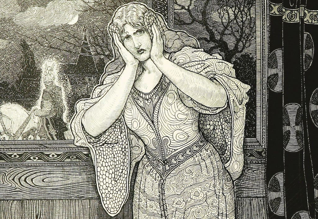 A black and white illustration dating from 1898 of a woman frowning with her hands over her ears.