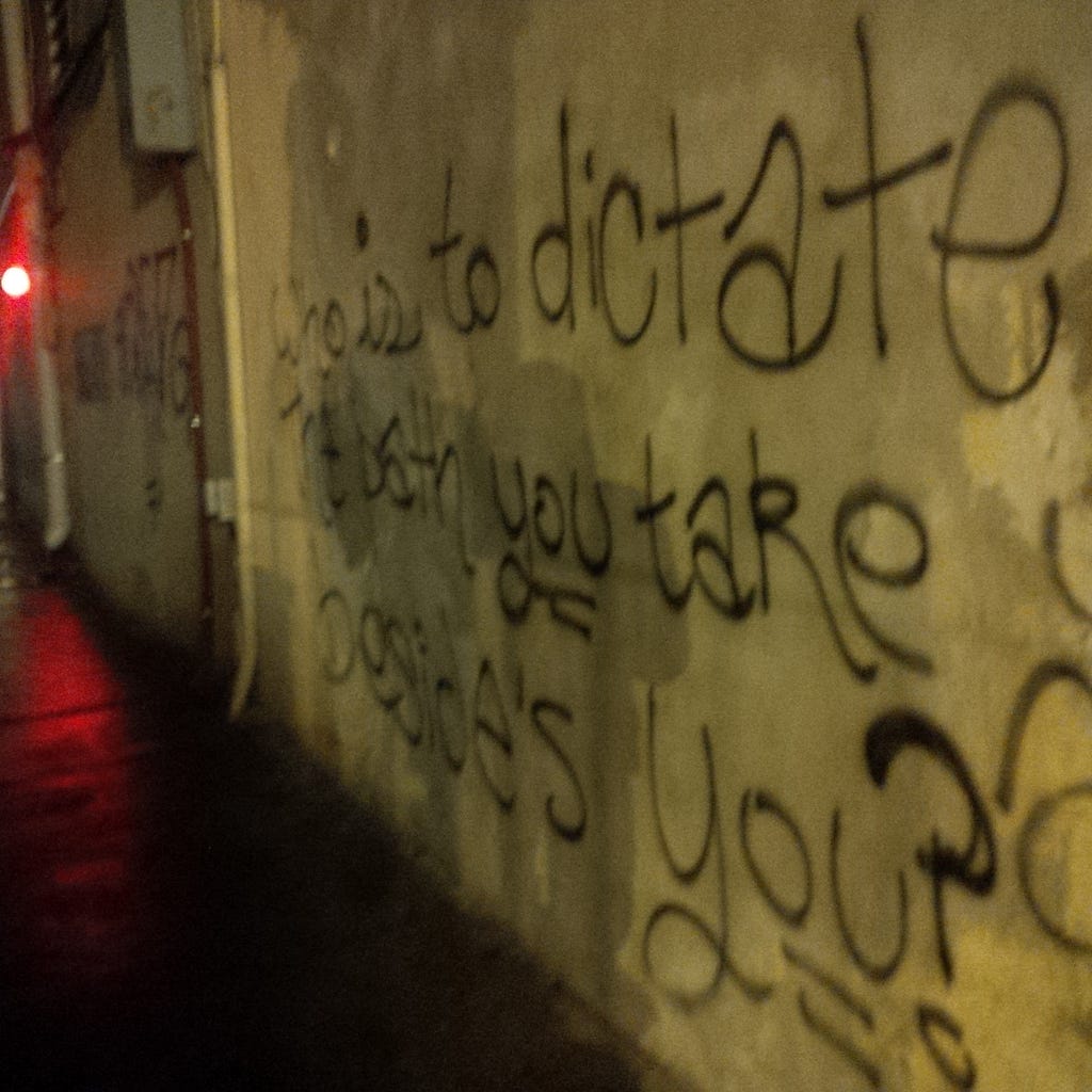 “Who is to dictate the path you take besides you?” (graffiti on the side of The Peter Kearn Library, Knoxville TN)