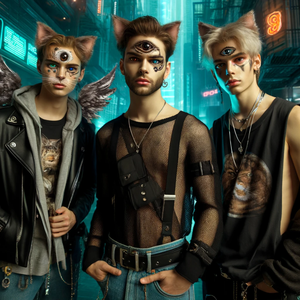Image of three futuristic young people with a third eye on their forehead.