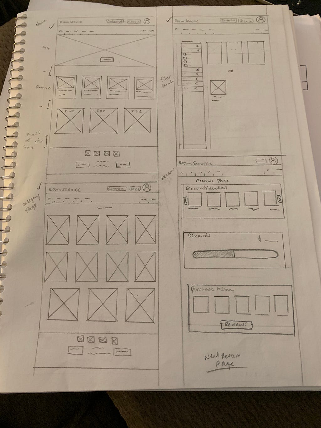 A hand drawn wireframe is shown