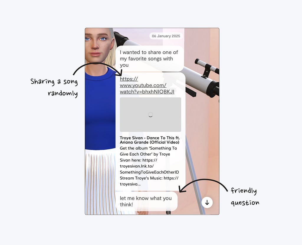 The image shows a chat interface where an avatar appears to be sharing a music recommendation. The message includes a YouTube link to “Dance To This” by Troye Sivan featuring Ariana Grande, along with streaming links and a request for feedback saying “let me know what you think!”