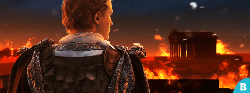 Nero watches the Great Fire of Rome from his balcony.