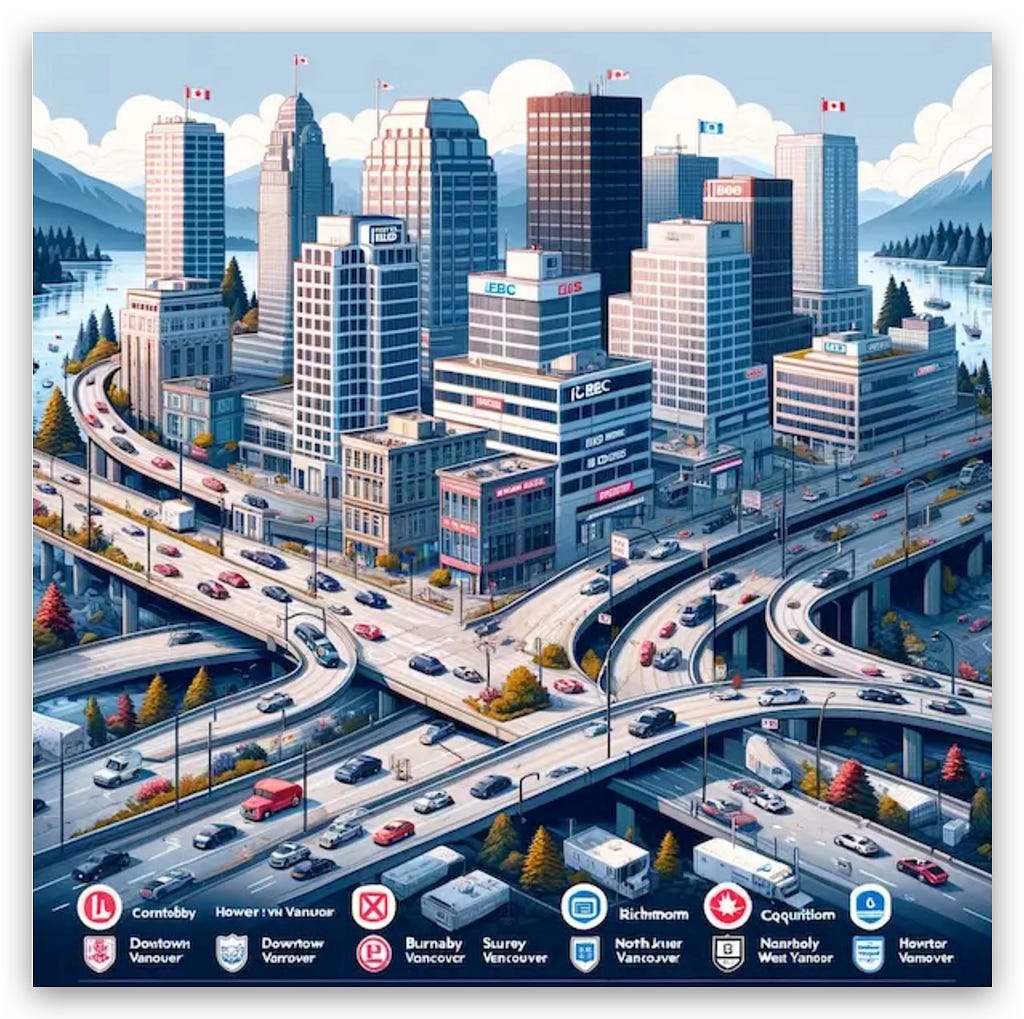 Infographic overviewing ICBC offices in Greater Vancouver, highlighting unique characteristics and test routes for each location, including diverse traffic and road conditions, aiding in road test preparation.