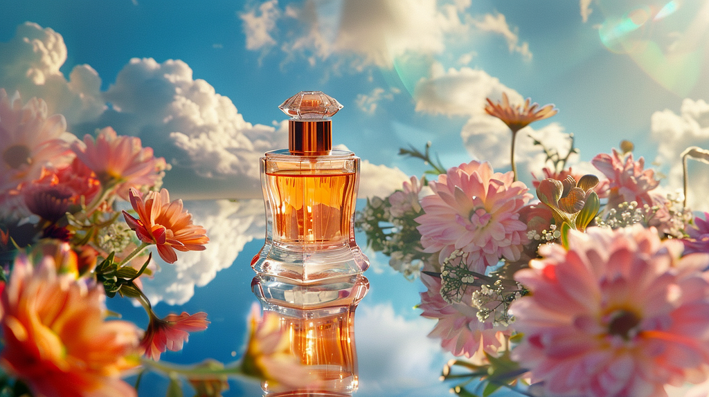 Product photography, a perfume bottle, on top of a mirror againt a bright sky blue sky, with clouds, surrounded by flowers, dreamy serene atmosphere, sunlight refracting, high angle shot — ar 16:9