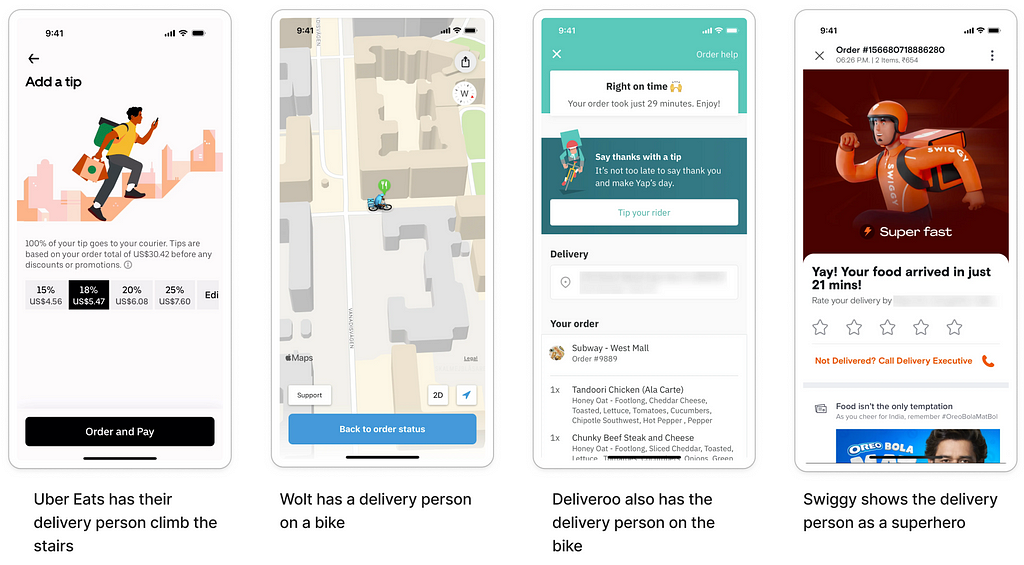 Examples of sreen from delivery apps featuring the delivery person