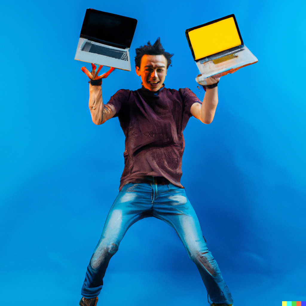 AI generated image of a developer juggling laptops