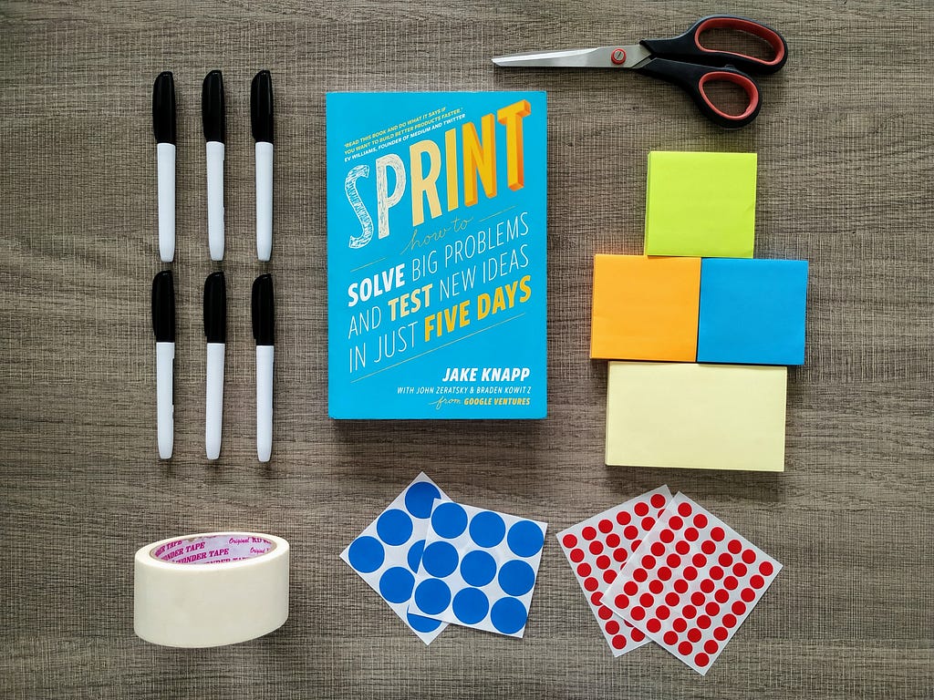 A Sprint book orderly surrounded by workshop materials on a wooden platform