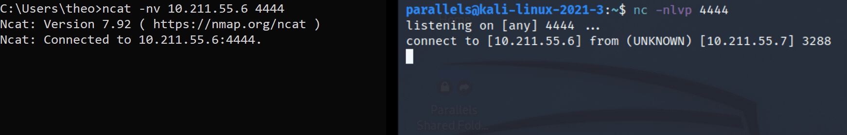 A GIF showing both Windows CLI (left) and Kali CLI (right) connecting via netcat commands. Kali VM set up to listen on port 4444 and Windows VM connecting to the listening port 4444. Once connection is made the GIF shows messages being sent and received by both machines using the connection.