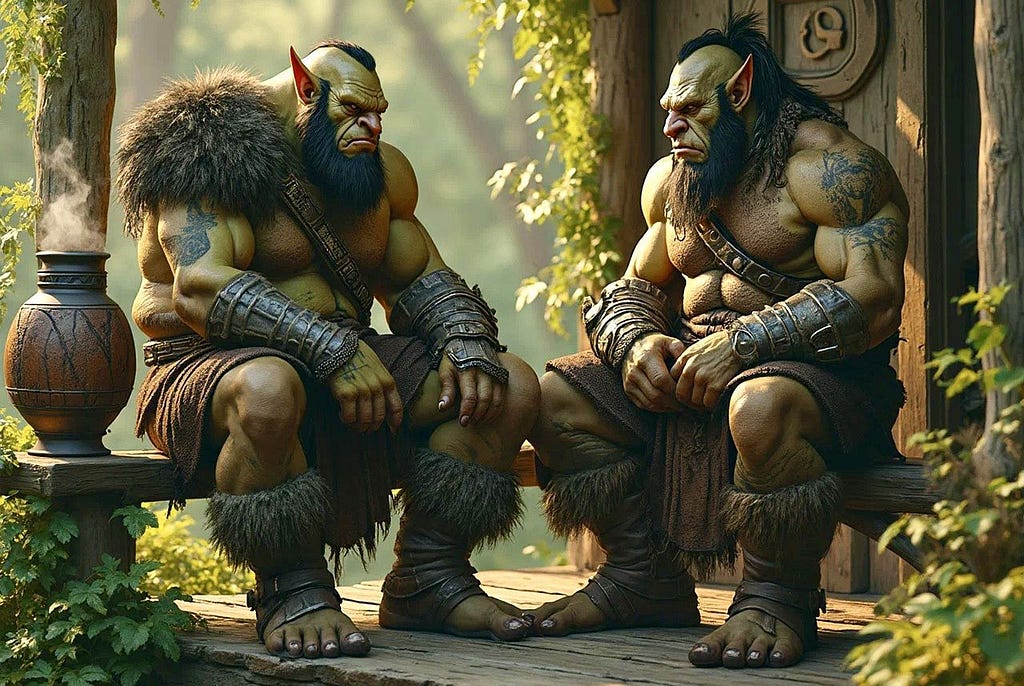 computer generated image of two mythical creatures (orcs) sat on a bench