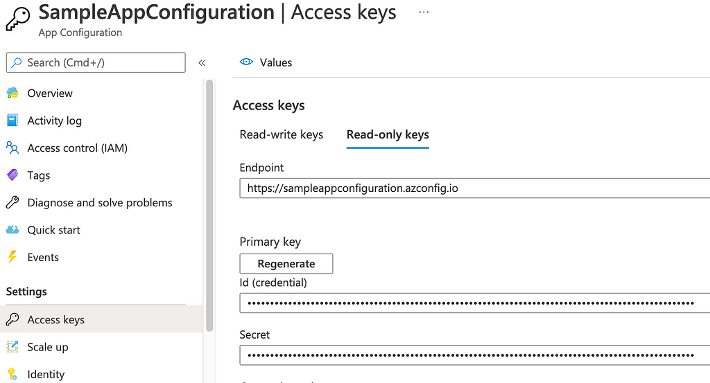 A dialog filling out access keys, as generated by the Azure App Configuration dashboard.