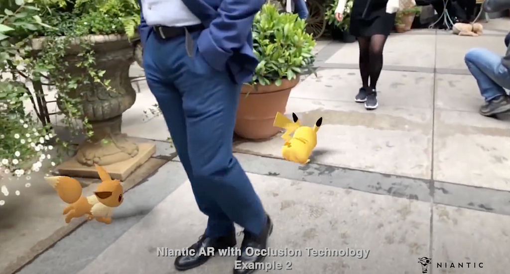 The image shows Pikachu and Eevee in an outdoor AR scene, interacting with real-world objects and people. The caption highlights Niantic’s occlusion technology, which makes the virtual characters appear naturally integrated into the environment.