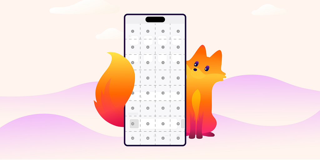 Kit the Firefox mascot holding a phone showing a grid with numbers used by voice access users
