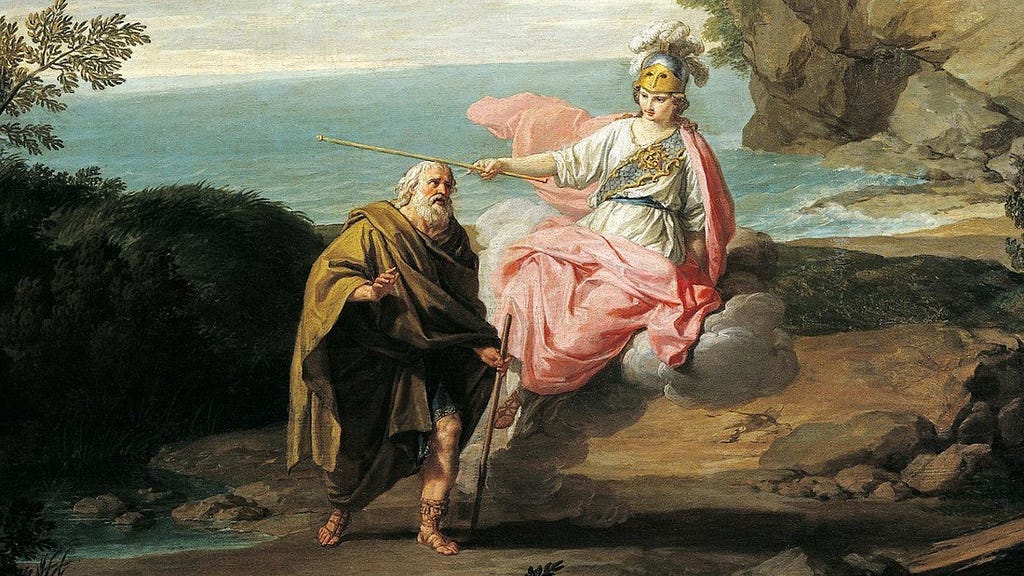 Odysseus dressed as a beggar walks with Athena