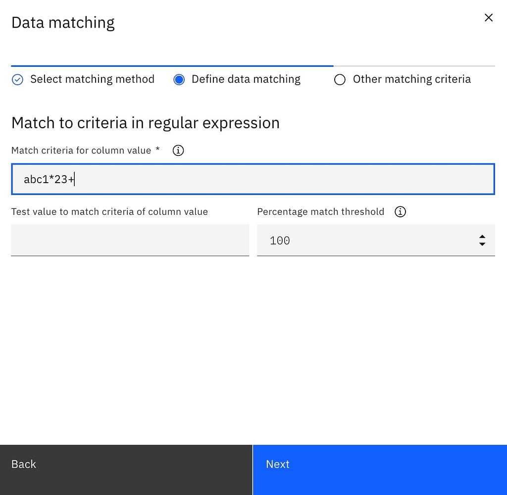 a screenshot of the data matching dialog box with “define data matching” highlighted. The “match to criteria in regular expression” dialog is displayed, with the regular expression “abc1*23+” shown in the text box with the percentage match threshold set at 100%