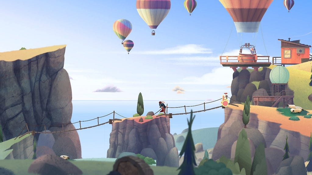 A man hikes across a bridge that runs over a scenic valley. Hot air balloons are in the sky above him.
