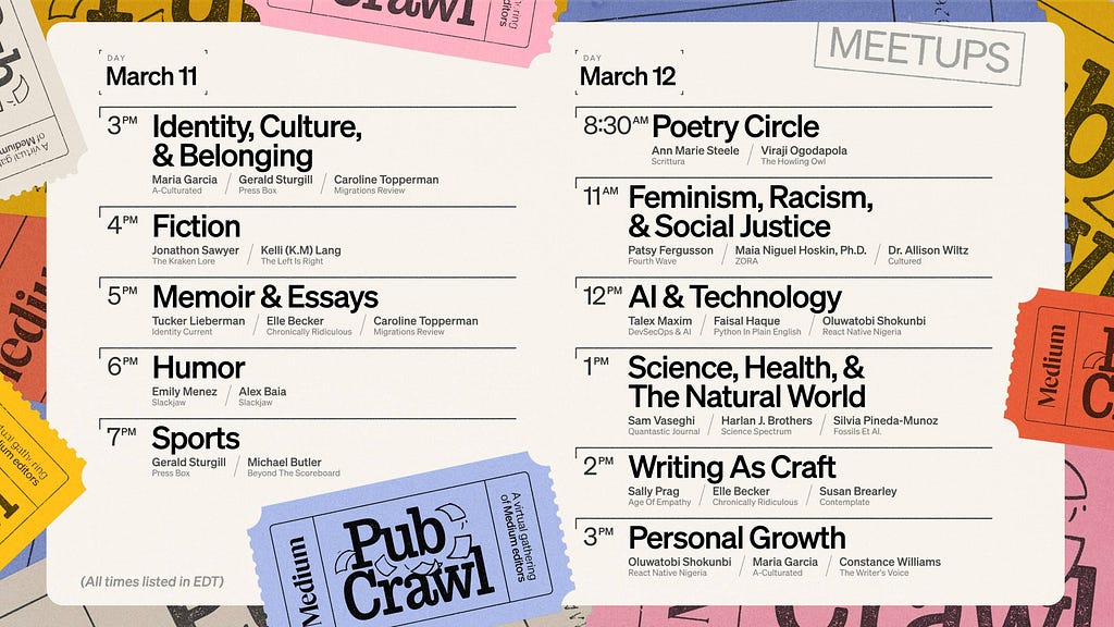 A list of meetups for Pub Crawl is shown, including times and dates that are featured elsewhere in this story